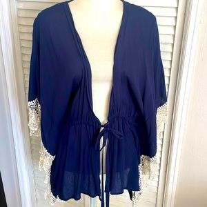 Navy Blue Kaftan VestTop w/ Cream Crochet Lace at Arm/Sides Coverup Plus Size 1X